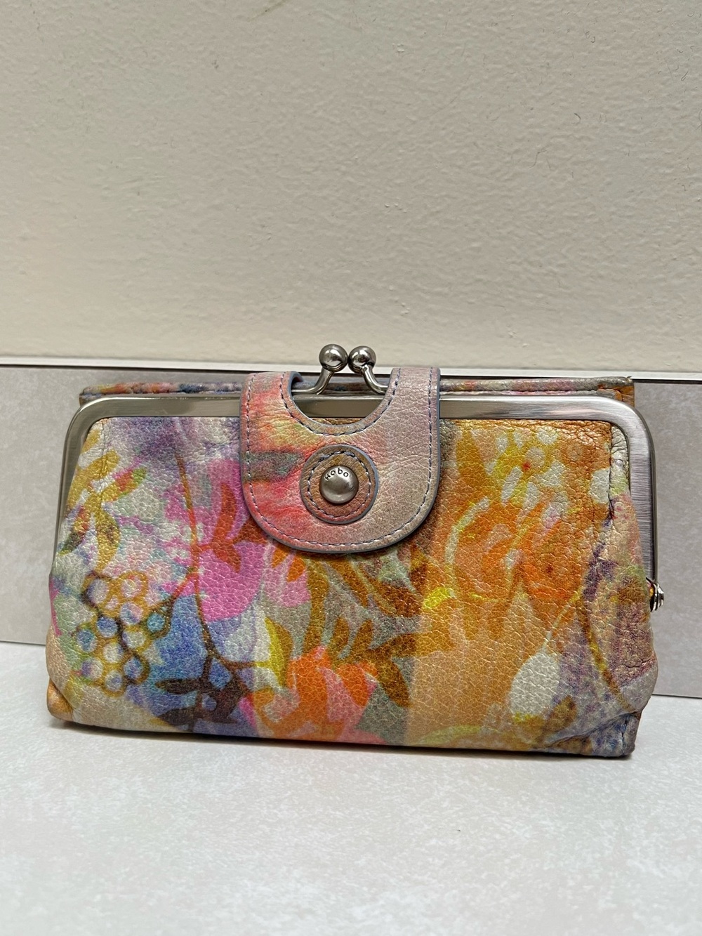 HOBO Multicolor Floral Leather Wallet Pastel Bloom with Snap Closure